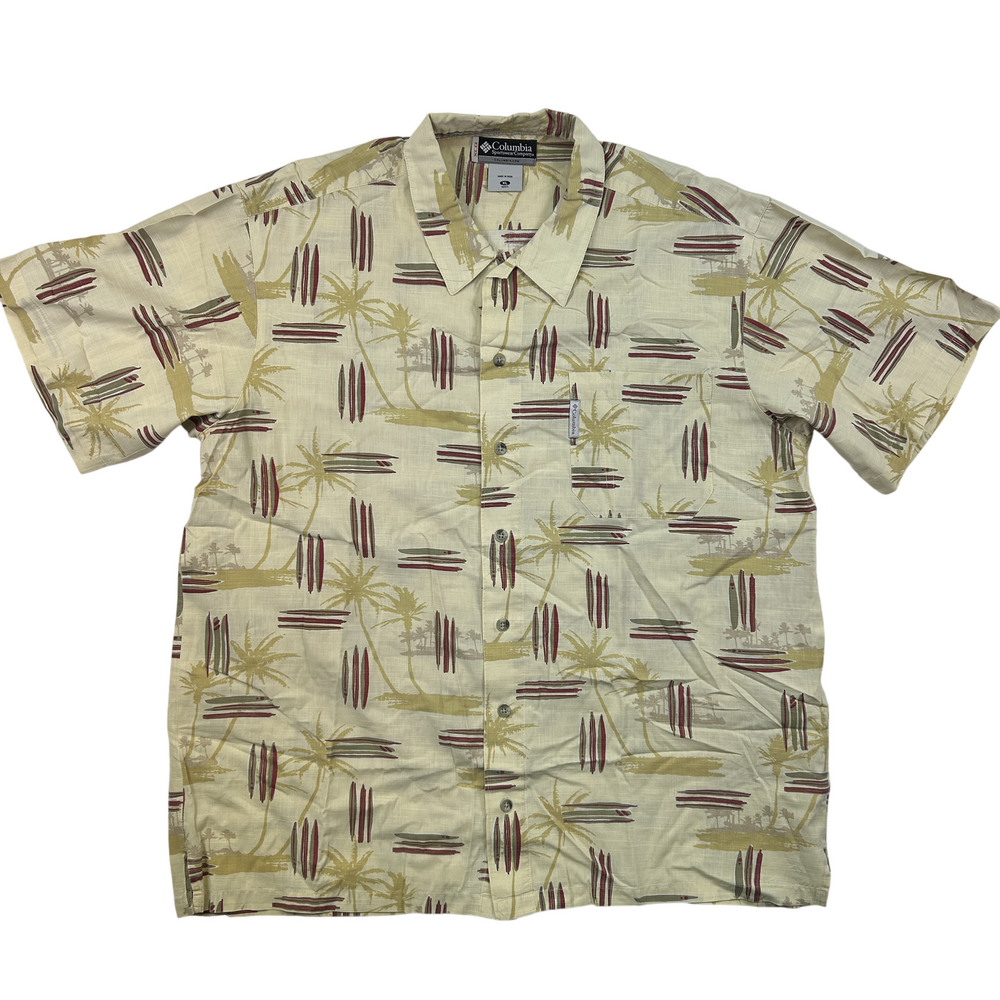 Columbia Shirt Mens XL Hawaiian Floral Cotton Button Up Beige Summer Beach